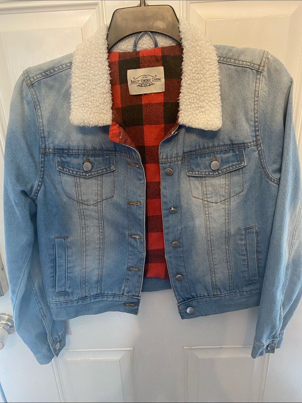 Light Blue Denim Sherpa-Lined Jacket with Red Plaid Lining